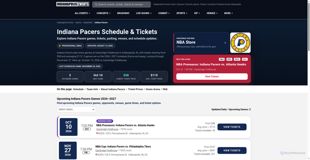 Security scan screenshot of https://indianapolis.events/sports/indiana-pacers/