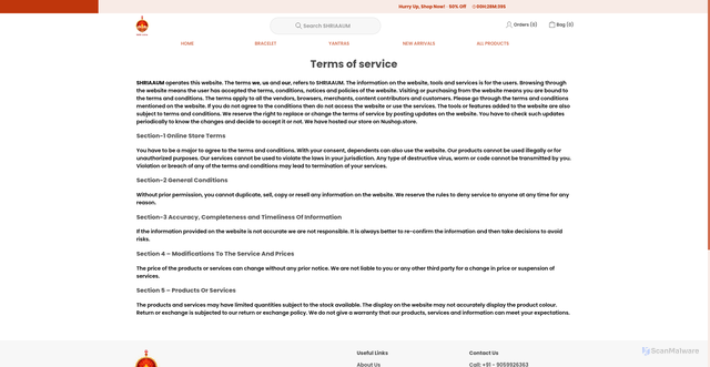 Security scan screenshot of https://shriaaum.store/terms-and-conditions