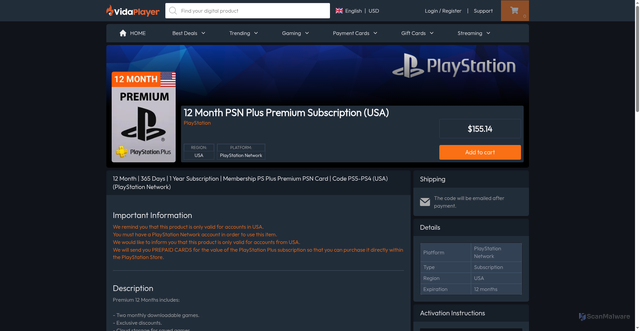 Security scan screenshot of https://www.vidaplayer.com/en/product/subscription-playstation-network-usa/12-month-psn-plus-premium-subscription/USD