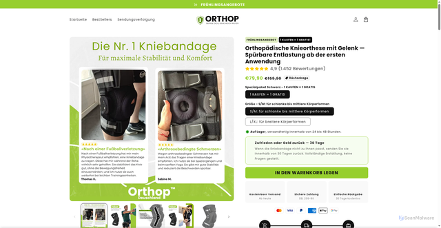 Security scan screenshot of https://orthop-deutschland.com/products/genouillere-articulee-avec-technologie-gel-pad-titan-force-1-achete-2-offerts