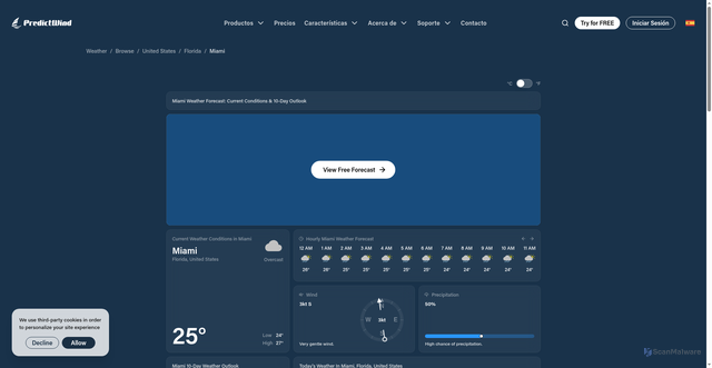 Security scan screenshot of https://www.predictwind.com/es/weather/united-states/florida/miami