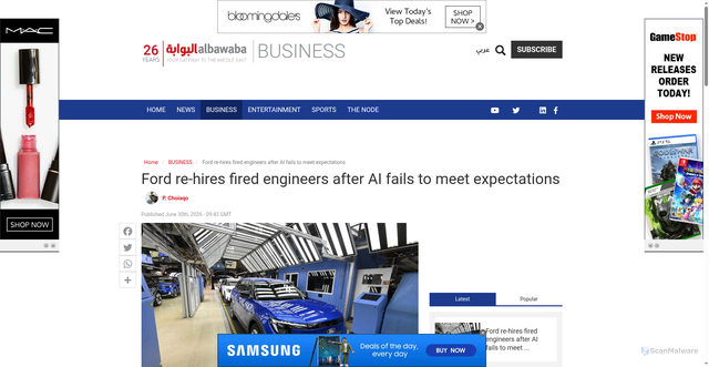 Security scan screenshot of https://www.albawaba.com/business/ford-re-hires-fired-engineers-after-ai-1631733
