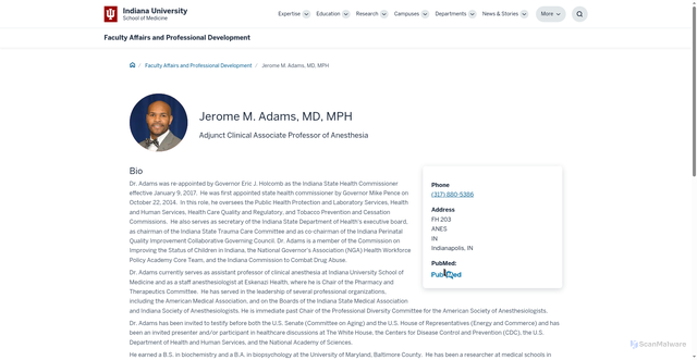 Security scan screenshot of https://medicine.iu.edu/faculty/10907/adams-jerome