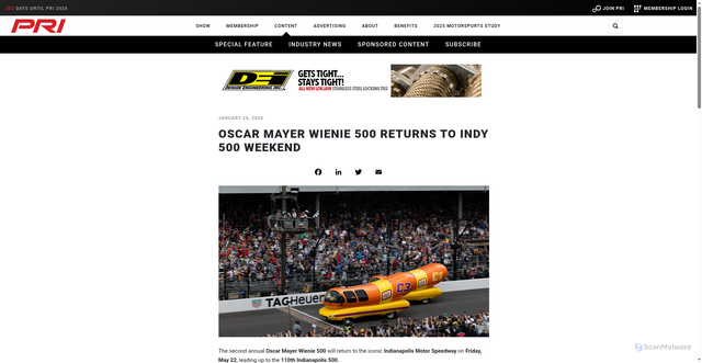 Security scan screenshot of https://performanceracing.com/magazine/industry-news/01-26-2026/oscar-mayer-wienie-500-returns-indy-500-weekend