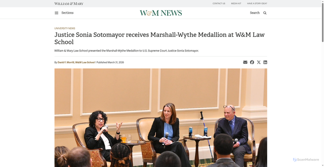 Security scan screenshot of https://news.wm.edu/2026/03/31/justice-sonia-sotomayor-receives-marshall-wythe-medallion-at-wm-law-school/
