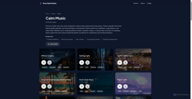 Security scan screenshot of https://freesafemusic.pages.dev/genres/calm/