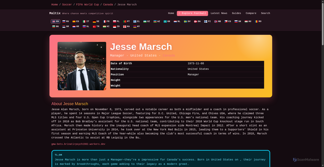 Security scan screenshot of https://maltese-gaming.com/football/fifa-world-cup/canada/jesse-marsch/