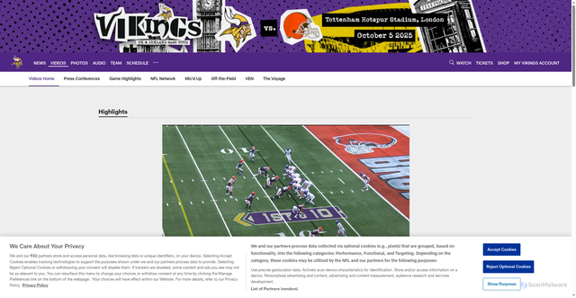 Security scan screenshot of https://www.vikings.com/video/jordan-addison-makes-his-first-catch-of-this-season