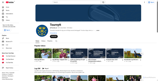Security scan screenshot of https://consent.youtube.com/m?continue=https%3A%2F%2Fwww.youtube.com%2F%40Tournytt_se%3Futm_source%3Dnewsletter%26utm_medium%3Demail%26utm_campaign%3DTournytt_v43_2026%26dt_id%3Dfcd58f97-538d-4232-8bec-ce92f0c0cceb%26cbrd%3D1&gl=DE&m=0&pc=yt&cm=2&hl=de&src=1