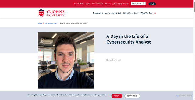 Security scan screenshot of https://www.stjohns.edu/news-media/johnnies-blog/day-life-cybersecurity-analyst-career