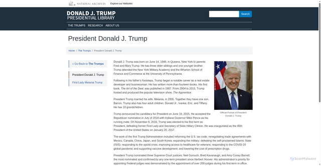 Security scan screenshot of http://www.trumplibrary.gov/trumps/president-donald-j-trump