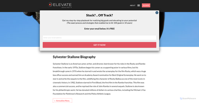 Security scan screenshot of https://elevatesociety.com/sylvester-stallones-zero-to-hero-story/
