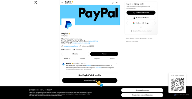 Security scan screenshot of https://x.com/PayPal?v=1%2C0.1&utm_source=unp&utm_medium=email&utm_campaign=RT002668&utm_unptid=95e34519-c9bc-11f1-897d-1db609b451ba&ppid=RT002668&cnac=SE&rsta=sv_SE%28sv-SE%29&unptid=95e34519-c9bc-11f1-897d-1db609b451ba&calc&892422b4650&unp_tpcid=legal-tickler-notifications&page=main%3Aemail%3ART002668&pgrp=main%3Aemail&e=re&mchn=em&s=ci&mail=sys&appVersion=1.449.0&tenant_name=PayPal&xt=186218%2C182450%2C186220%2C175543%2C184933%2C184935%2C180658&xe=115153%2C114833%2C115152%2C114002%2C114941%2C115052%2C114543&link_ref=twitter.com_paypal