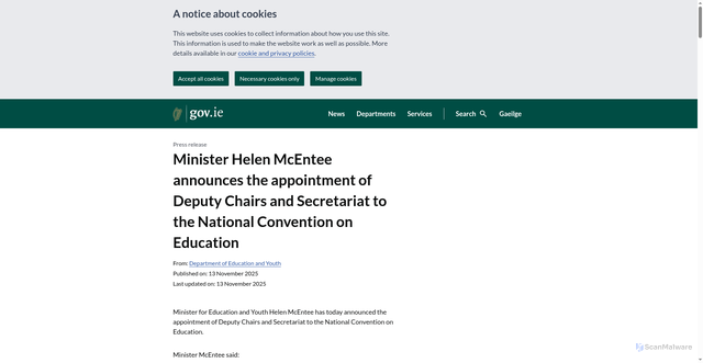 Security scan screenshot of https://www.gov.ie/en/department-of-education/press-releases/minister-helen-mcentee-announces-the-appointment-of-deputy-chairs-and-secretariat-to-the-national-convention-on-education/