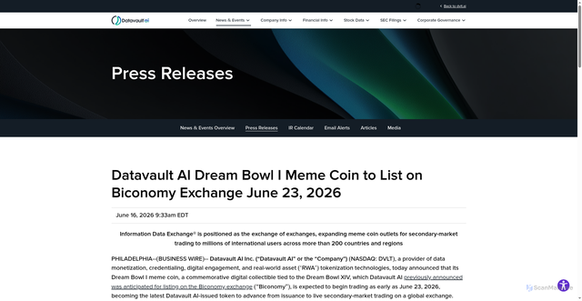 Security scan screenshot of https://ir.datavaultsite.com/news-events/press-releases/detail/467/datavault-ai-dream-bowl-i-meme-coin-to-list-on-biconomy-exchange-june-23-2026