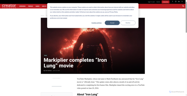 Security scan screenshot of https://www.creatorhandbook.net/markiplier-completes-iron-lung-movie/