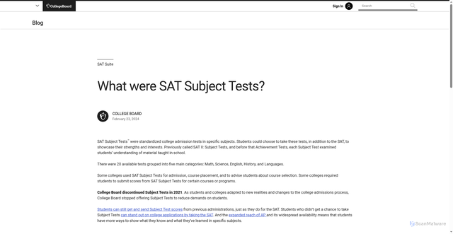 Security scan screenshot of https://blog.collegeboard.org/what-were-sat-subject-tests