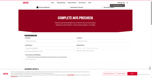 Security scan screenshot of https://www.avis.com/en/self-checkout/driving-and-billing-info