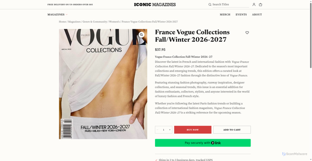 Security scan screenshot of https://www.iconicmagazines.com/product/france-vogue-collection-fall-winter26-27/