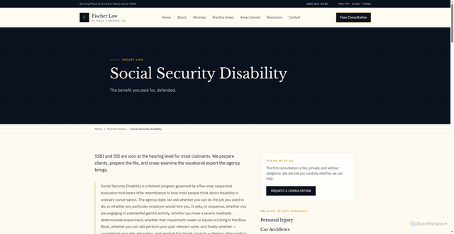 Security scan screenshot of https://paulfischerlaw.com/practice-areas/social-security-disability