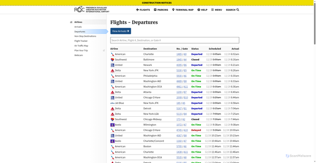 Security scan screenshot of https://www.rocairport.com/departures