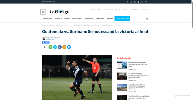 Security scan screenshot of https://lahora.gt/nacionales/dguzman/2025/10/10/guatemala-vs-surinam-se-nos-escapo-la-victoria-al-final/