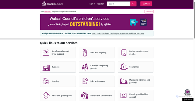 Security scan screenshot of https://go.walsall.gov.uk/