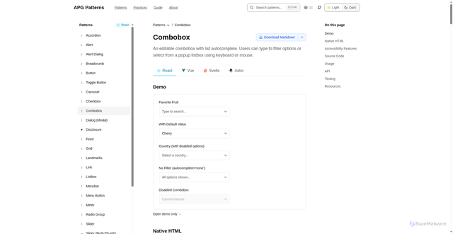 Security scan screenshot of https://apg-patterns-examples.pages.dev/patterns/combobox/react/