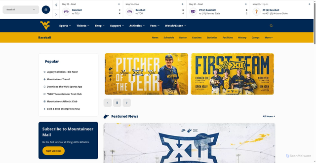 Security scan screenshot of http://wvubaseball.com/