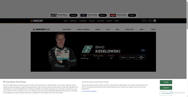 Security scan screenshot of https://fantasygames.nascar.com/live/driver/1816
