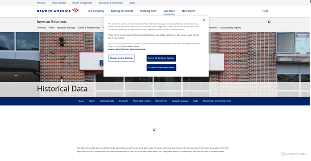 Security scan screenshot of https://investor.bankofamerica.com/shareholder-information/historical-data