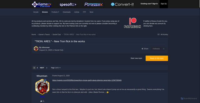Security scan screenshot of https://forums.gameex.com/forums/topic/25005-%E2%80%9Ctron-ares%E2%80%9D-new-tron-flick-in-the-works/
