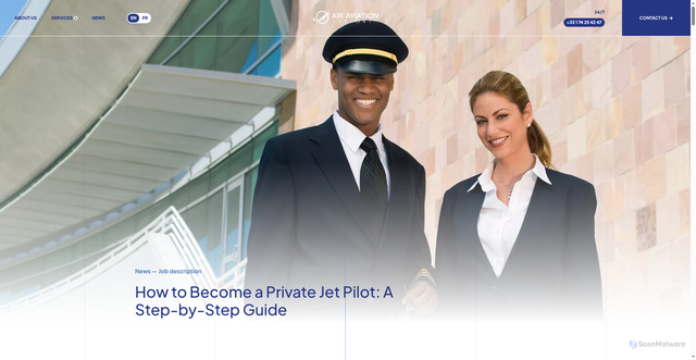 Security scan screenshot of https://airaviationsupport.com/job-description/how-to-become-a-private-jet-pilot-a-step-by-step-guide/