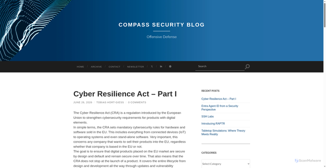 Security scan screenshot of https://blog.compass-security.com/2026/06/cyber-resilience-act-part-i/