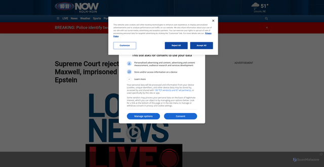 Security scan screenshot of https://www.1011now.com/2025/10/06/supreme-court-rejects-appeal-ghislaine-maxwell-imprisoned-former-girlfriend-jeffrey-epstein/
