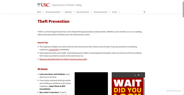Security scan screenshot of https://dps.usc.edu/safety-tips/theft-prevention/