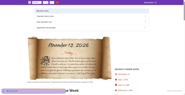 Security scan screenshot of https://www.dayoftheweek.org/?m=November&d=13&y=&go=Go