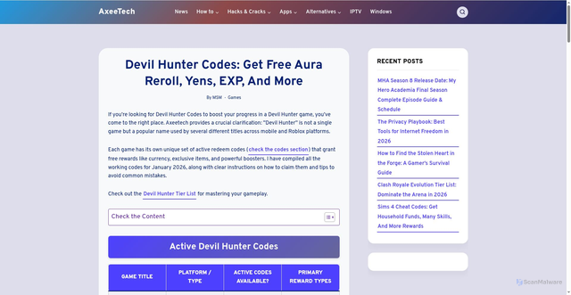 Security scan screenshot of https://axeetech.com/devil-hunter-codes/