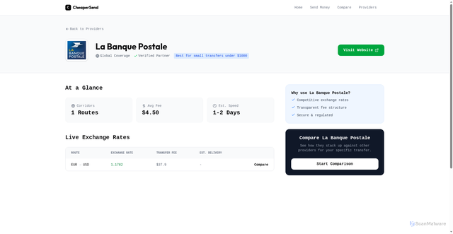 Security scan screenshot of https://cheapersend.com/providers/la-banque-postale