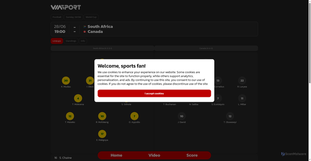 Security scan screenshot of https://www.viasport.com/score/en/football/2026-06-28/world/world-cup/south-africa-vs-canada/30782382