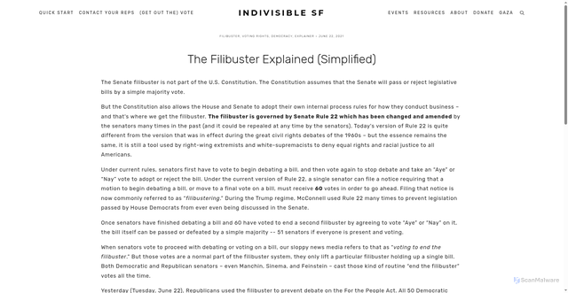 Security scan screenshot of https://indivisiblesf.org/blog/2021/6/22/the-filibuster-explained-simplified