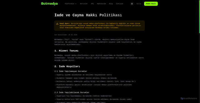Security scan screenshot of https://botmedya.com/yasal/iade-politikasi