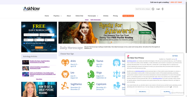 Security scan screenshot of https://www.asknow.com/horoscopes