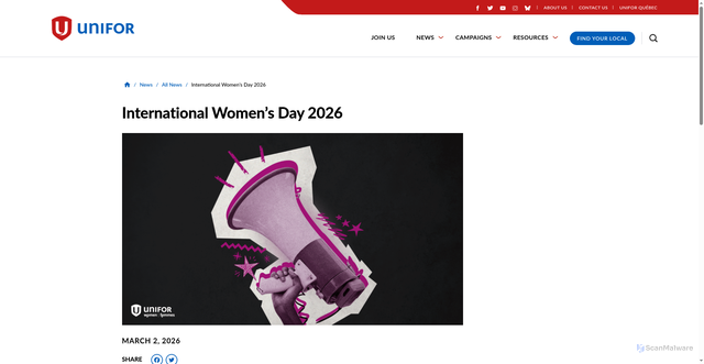 Security scan screenshot of https://www.unifor.org/news/all-news/international-womens-day-2026