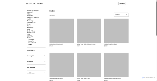 Security scan screenshot of https://www.factorydirectsneakers.com/shop/slides/45