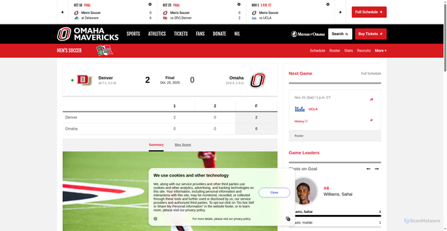 Security scan screenshot of https://omavs.com/news/2025/10/25/mens-soccer-shutout-by-rv-denver.aspx