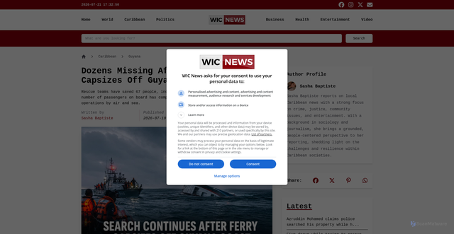 Security scan screenshot of https://wicnews.com/guyana/dozens-missing-after-mv-barima-ferry-capsizes-off-guyanas-atlantic-coast