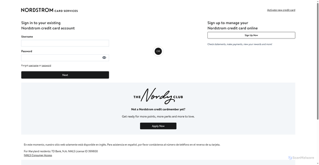 Security scan screenshot of https://nordstromcard.com