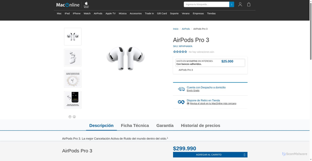 Security scan screenshot of http://maconline.com/products/airpods-pro-3
