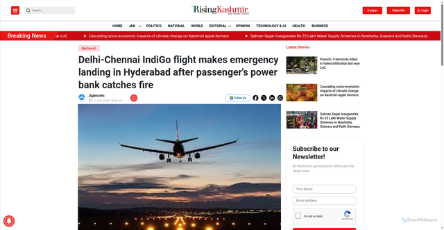 Security scan screenshot of https://risingkashmir.com/national/delhi-chennai-indigo-flight-makes-emergency-landing-in-hyderabad-after-passengers-power-bank-catches-fire-12666260